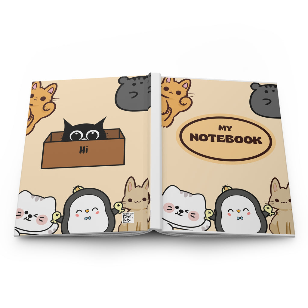 Cute Animal Doodle Hardcover Journal — "My Notebook" Cute Cats & Penguins Notebook