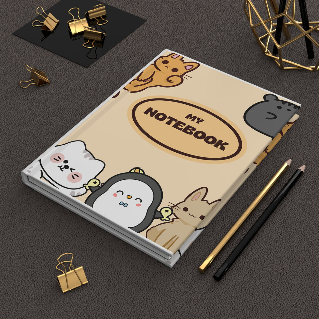 Cute Animal Doodle Hardcover Journal — "My Notebook" Cute Cats & Penguins Notebook