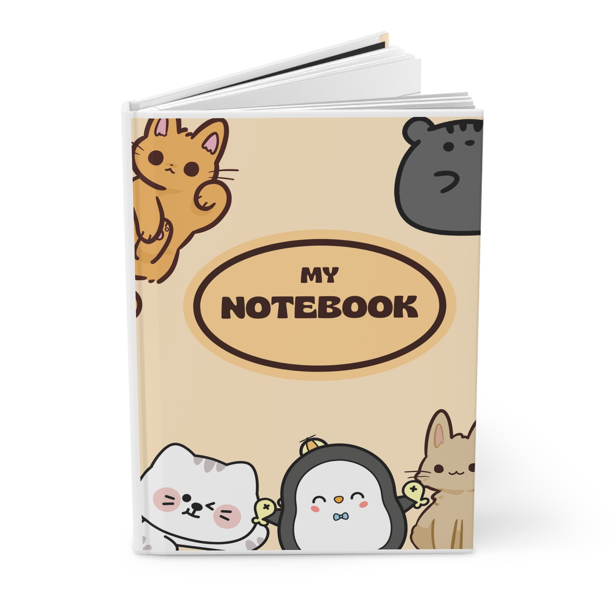 Cute Animal Doodle Hardcover Journal — "My Notebook" Cute Cats & Penguins Notebook